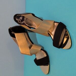 Ted Baker, Leniya, heels, black patent leather, gold straps, size 40.5 or 9.5
